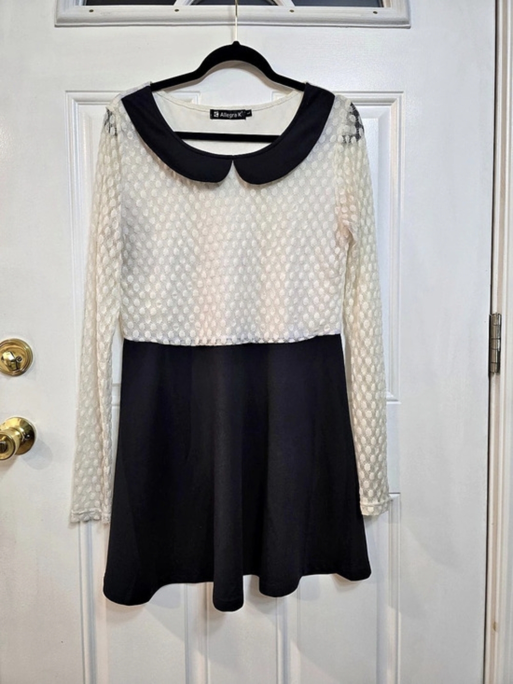 Allegra K Women's Contrast Color Puff Long Sleeve Collared Flare Short Dress